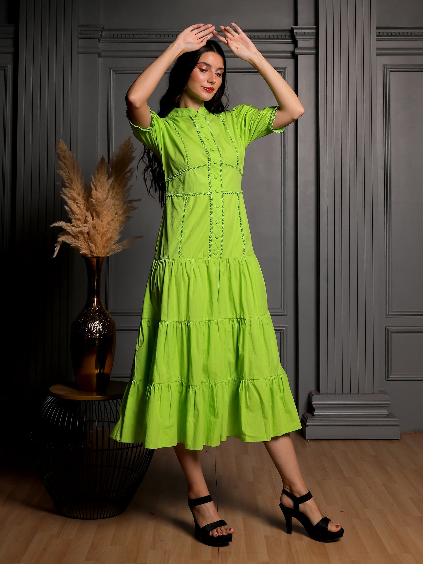 Lime Aura Tiered Midi Dress