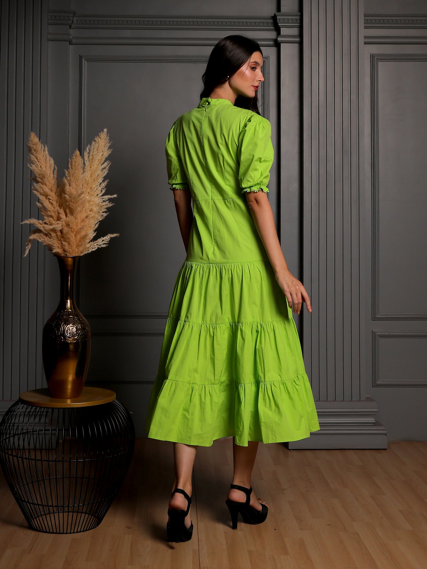 Lime Aura Tiered Midi Dress