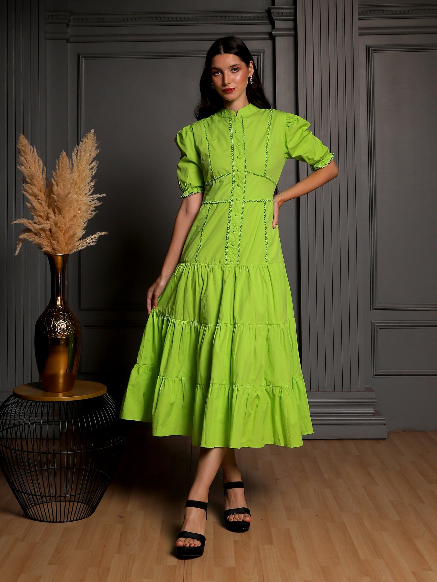 Lime Aura Tiered Midi Dress