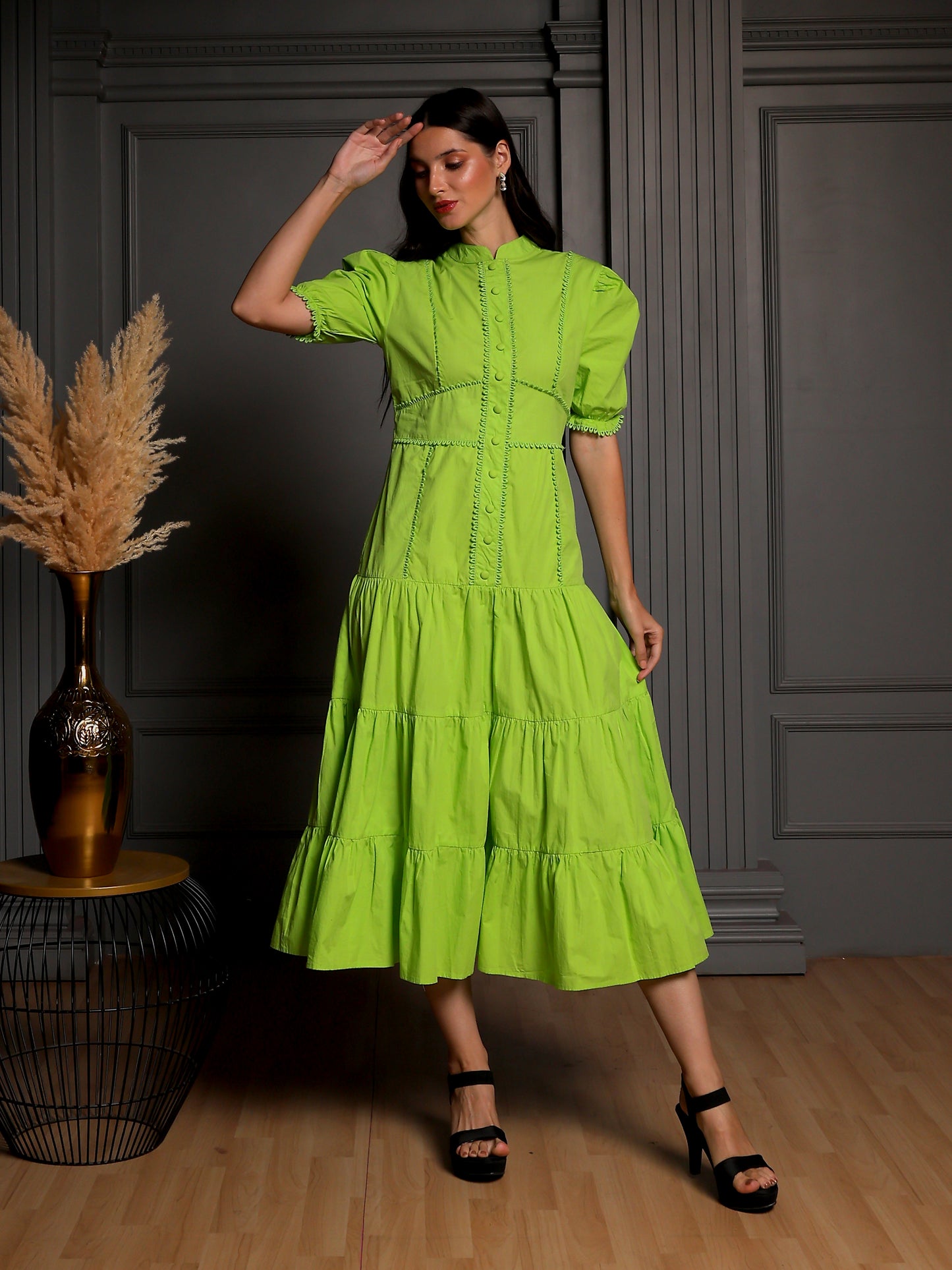 Lime Aura Tiered Midi Dress