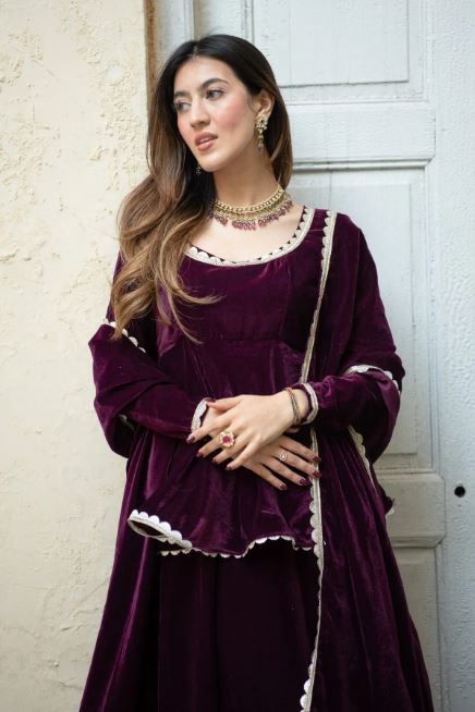 Plum Velvet Twirl Gown Set – Flared Anarkali Kurta with Dupatta