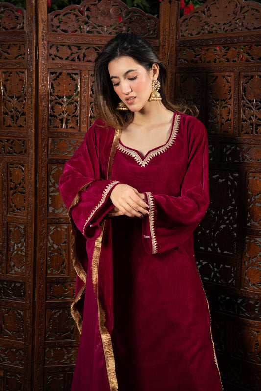 Velvet Maroon Kurta Set with Golden Detailing
