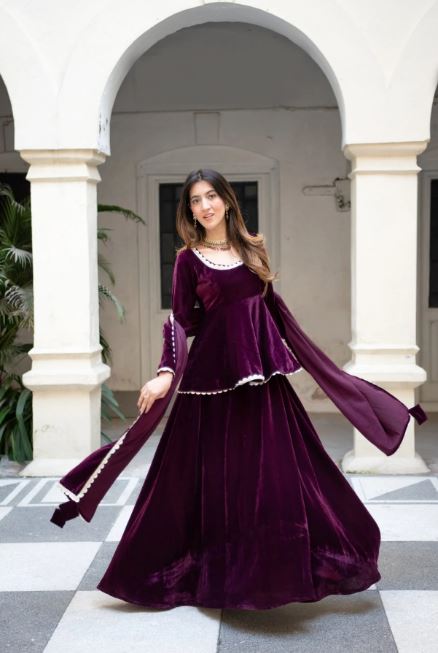 Plum Velvet Twirl Gown Set – Flared Anarkali Kurta with Dupatta