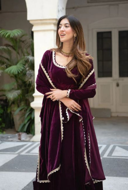 Plum Velvet Twirl Gown Set – Flared Anarkali Kurta with Dupatta