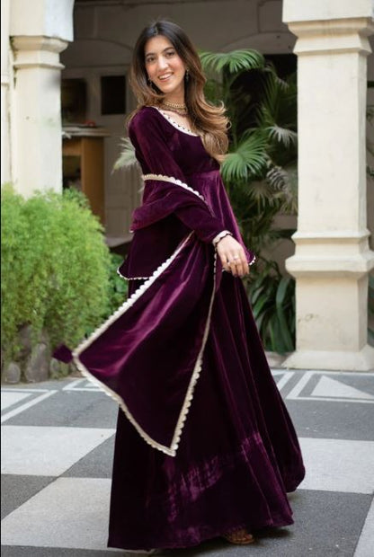 Plum Velvet Twirl Gown Set – Flared Anarkali Kurta with Dupatta