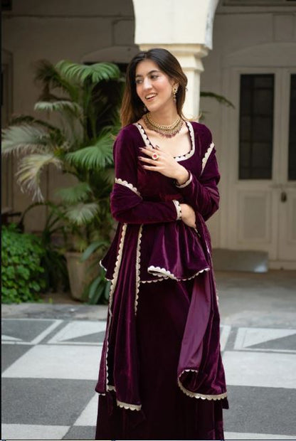 Plum Velvet Twirl Gown Set – Flared Anarkali Kurta with Dupatta