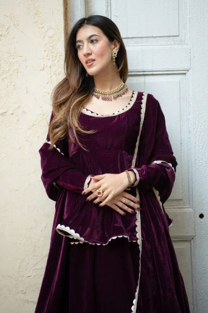 Plum Velvet Twirl Gown Set – Flared Anarkali Kurta with Dupatta