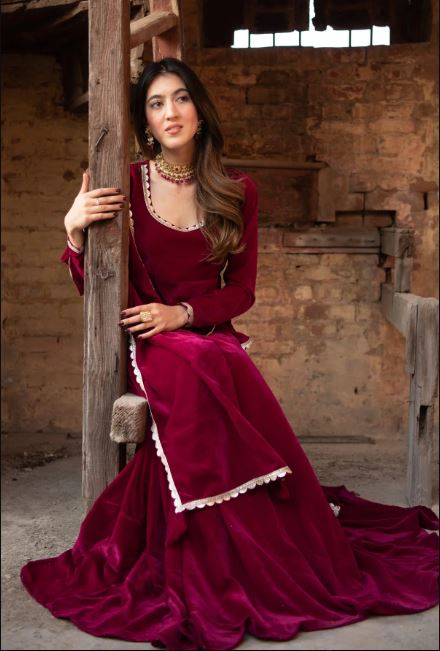 Velvet Wine Peplum Anarkali Set