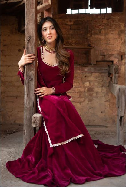 Velvet Wine Peplum Anarkali Set