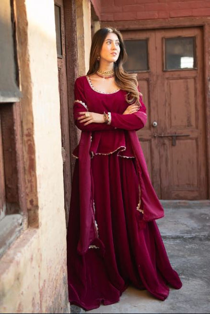 Velvet Wine Peplum Anarkali Set
