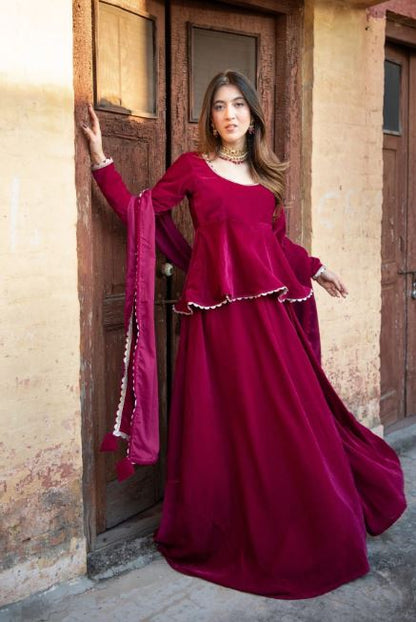 Velvet Wine Peplum Anarkali Set