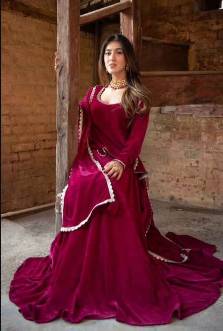 Velvet Wine Peplum Anarkali Set
