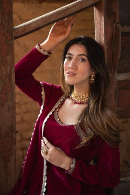 Velvet Wine Peplum Anarkali Set