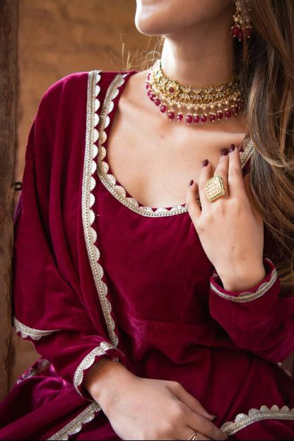 Velvet Wine Peplum Anarkali Set
