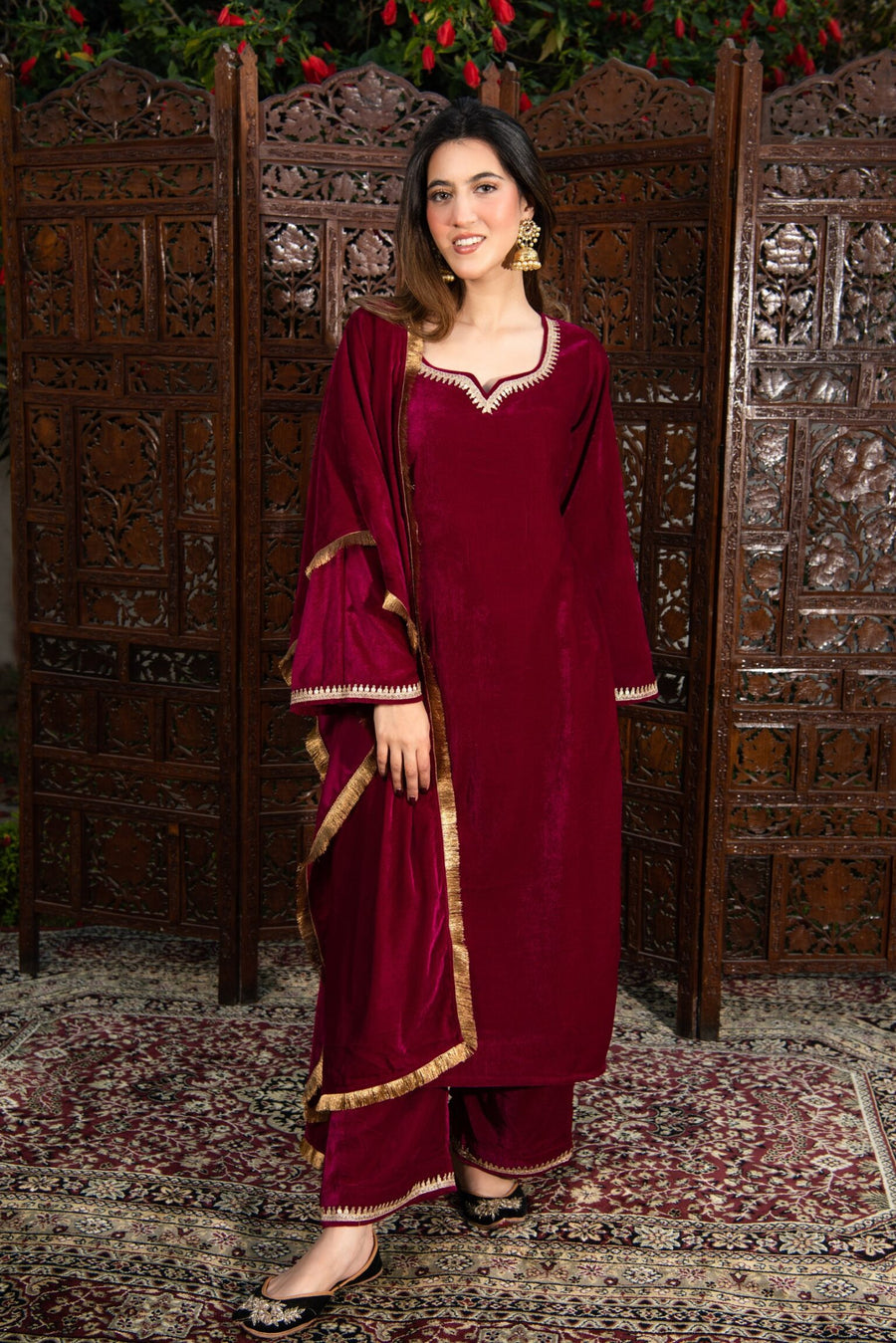 Velvet Maroon Kurta Set with Golden Detailing